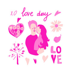Vector set for Valentine's Day with pink color in doodle style.Clip art with people in love,flowers,lettering,rose, present, grapes, lips, hand drawn ball.Design for cards,social networks,prints.