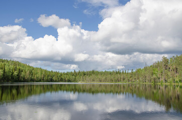 View from water on the Upper Pulongskoye Lake in Karelia (Russia)