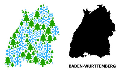 Vector mosaic map of Baden-Wurttemberg State combined for New Year, Christmas, and winter. Mosaic map of Baden-Wurttemberg State is designed from snowflakes and fir forest. - obrazy, fototapety, plakaty