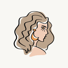 Woman portrait in freehand style. Abstract contemporary fashion illustration. Girl with moon earring. Vector