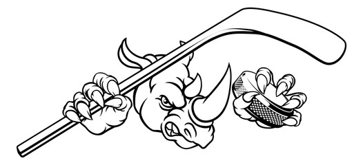 A rhino ice hockey player animal sports mascot holding a hockey stick and puck