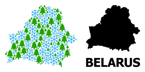 Obraz premium Vector mosaic map of Belarus done for New Year, Christmas, and winter. Mosaic map of Belarus is designed of snowflakes and fir forest.
