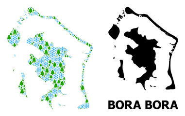 Vector mosaic map of Bora-Bora done for New Year, Christmas, and winter. Mosaic map of Bora-Bora is composed with snow and fir trees. - obrazy, fototapety, plakaty