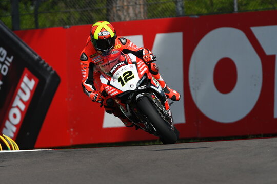 San Marino, Italy - May 12, 2017: Xavi Fores ESP Ducati Panigale R BARNI Racing Team in action during the qualifying session on May 12, 2017 in Imola Circuit, Italy