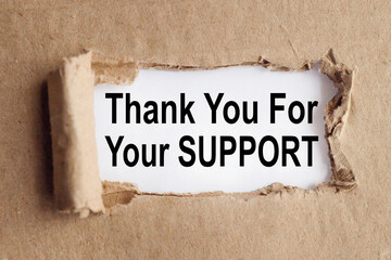 thank you for your support. text on white paper on torn paper background