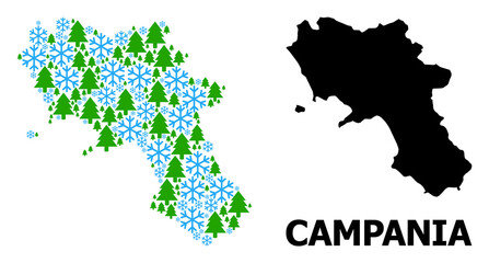 Vector mosaic map of Campania region combined for New Year, Christmas, and winter. Mosaic map of Campania region is made with snowflakes and fir-trees.