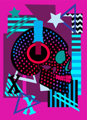 Halftone pink skull with headphones listening music, pop art background.