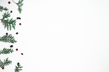 Thuja branches, spruce and New Year's decor. Copy space, flat lay, mock up, top view.