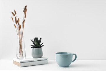 A mug and a pot with a houseplant, a transparent vase with a flower, white background. Eco-friendly materials in interior decor, minimalism. Copy space, mock up
