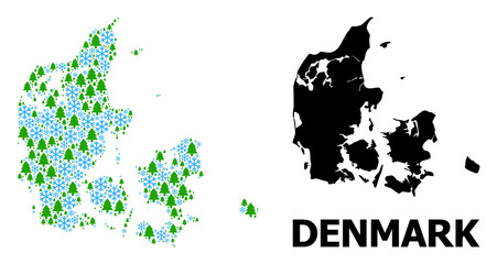 Obraz na płótnie Canvas Vector mosaic map of Denmark constructed for New Year, Christmas, and winter. Mosaic map of Denmark is constructed from snow flakes and fir trees.