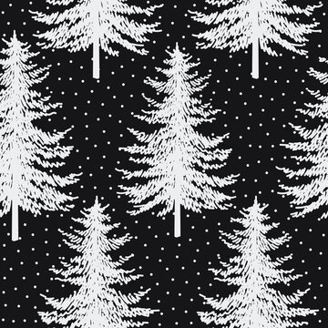 Christmas tree seamless pattern. Noel watercolor print, New year winter holiday decoration, silver christmas background with firs and white snow on black, wallpaper, wrapping paper design