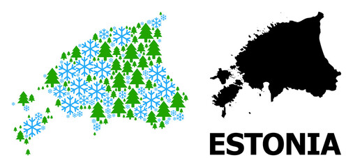 Fototapeta premium Vector mosaic map of Estonia constructed for New Year, Christmas, and winter. Mosaic map of Estonia is made with snow and fir trees.