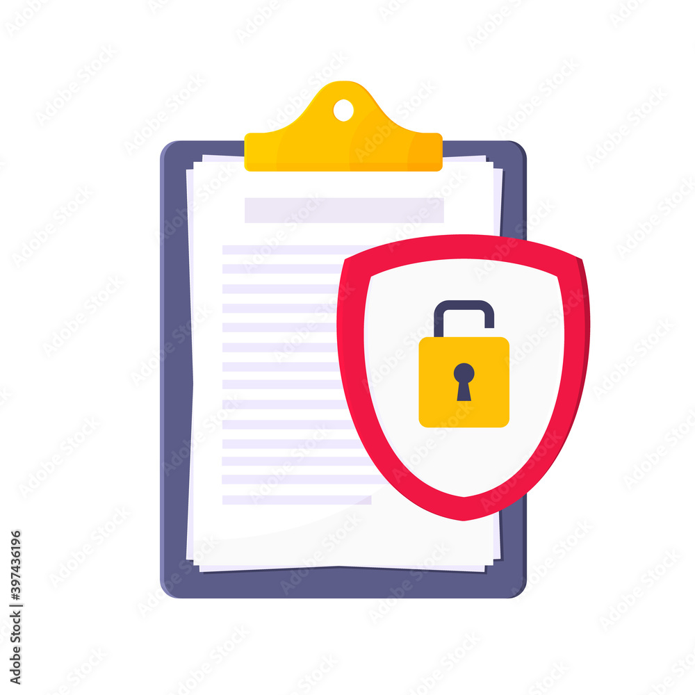 Wall mural privacy policy, warning safety lock and data protection metaphor. shield with padlock on the clipboa