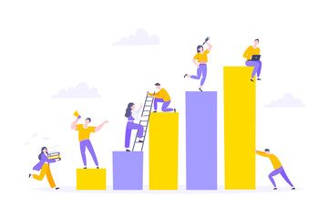 Career climbing and supporting with giving a helping hand business concept flat style design vector illustration. Collective teamwork and partnership or mentoring metaphor.