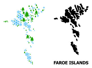 Vector mosaic map of Faroe Islands organized for New Year, Christmas, and winter. Mosaic map of Faroe Islands is constructed of snow and fir-trees.