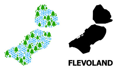 Obraz premium Vector mosaic map of Flevoland Province created for New Year, Christmas, and winter. Mosaic map of Flevoland Province is shaped of snow and fir trees.
