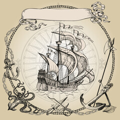 Adventure stories. Pirate background. Vintage border frame. Old caravel, vintage sailboat. Octopus, daggers, anchor, anchor chains