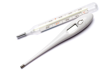 Electronic digital and Glass mercury celsius thermometer isolated on white background