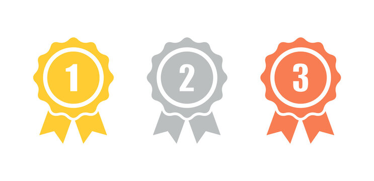 Certificate icon. Premium quality. Achievement badge. Quality mark. Award badge. First place. Second place. Third place. Achievement or award grant. Gold medal. Symbol of victory. Reward badge.