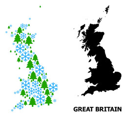 Vector mosaic map of Great Britain created for New Year, Christmas, and winter. Mosaic map of Great Britain is composed of snow flakes and fir forest.