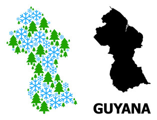 Obraz premium Vector composition map of Guyana organized for New Year, Christmas, and winter. Mosaic map of Guyana is organized with snow flakes and fir forest.