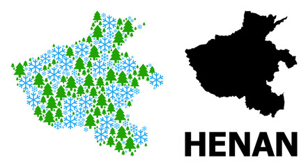 Vector mosaic map of Henan Province combined for New Year, Christmas, and winter. Mosaic map of Henan Province is created of snowflakes and fir forest.