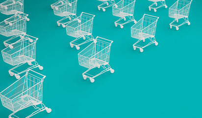 White shopping carts on a turquoise background. Lots of empty shopping carts. 3d rendering.