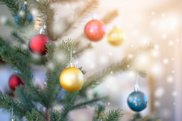 Close up of christmas tree decorated with colorful ball, Christmas and new year concept