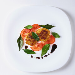 vegetarian cabbage cutlets with tomatoes. decorated with fragrant leaves.