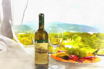 Still-life with fruits, bottles of wine and wine glasses colorful painting