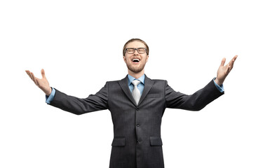 businessman or office worker exults and shout