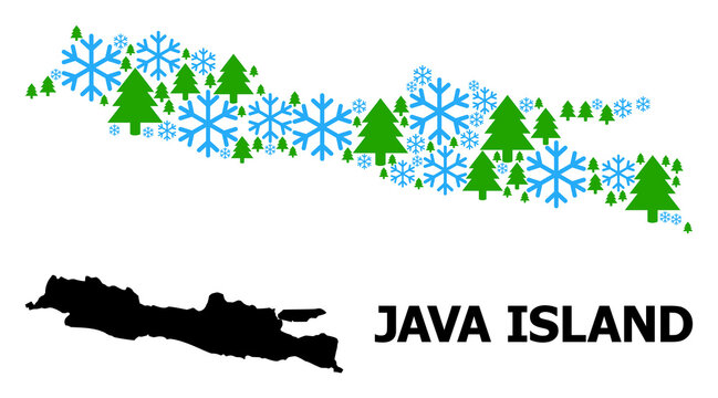 Vector mosaic map of Java Island constructed for New Year, Christmas, and winter. Mosaic map of Java Island is constructed from snow and fir-trees.