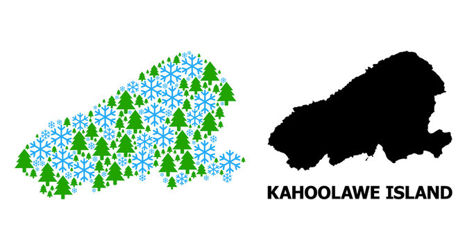 Vector mosaic map of Kahoolawe Island constructed for New Year, Christmas, and winter. Mosaic map of Kahoolawe Island is constructed of snowflakes and fir-trees.