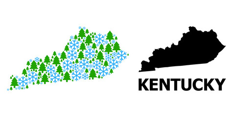 Obraz premium Vector mosaic map of Kentucky State designed for New Year, Christmas, and winter. Mosaic map of Kentucky State is formed from snow flakes and fir-trees.