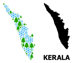 Vector mosaic map of Kerala State designed for New Year, Christmas, and winter. Mosaic map of Kerala State is designed of snow flakes and fir trees.