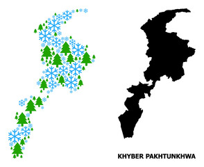 Obraz premium Vector mosaic map of Khyber Pakhtunkhwa Province done for New Year, Christmas, and winter. Mosaic map of Khyber Pakhtunkhwa Province is done from snowflakes and fir forest.