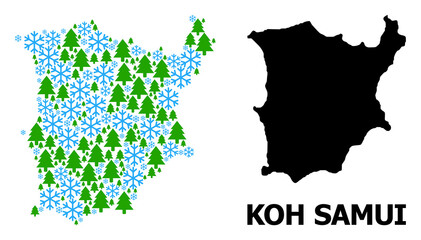 Vector composition map of Koh Samui done for New Year, Christmas, and winter. Mosaic map of Koh Samui is done with snow and fir trees.