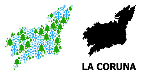 Obraz premium Vector mosaic map of La Coruna Province done for New Year, Christmas, and winter. Mosaic map of La Coruna Province is constructed with snow and fir-trees.