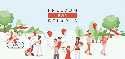 People of Belarus walking with red and white balloons, flowers and national flags.