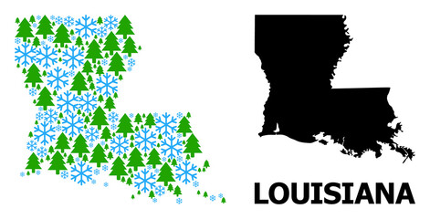 Vector mosaic map of Louisiana State designed for New Year, Christmas, and winter. Mosaic map of Louisiana State is designed with snow flakes and fir trees.