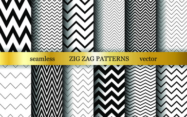 Set of seamless vector zig zag patterns. Collection of romantic zigzag wavy lines background. For decoration, fabric, textile, wrapping, cover, design etc. - obrazy, fototapety, plakaty