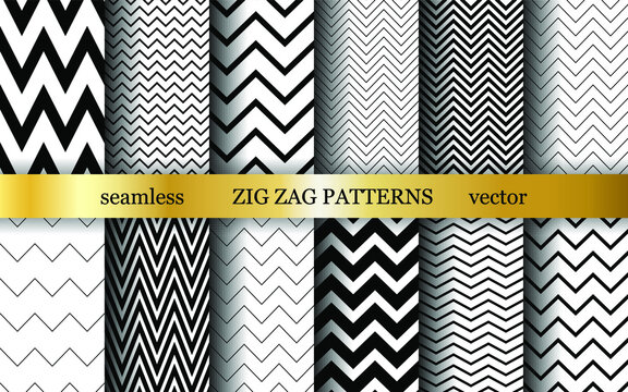Set of seamless vector zig zag patterns. Collection of romantic zigzag wavy lines background. For decoration, fabric, textile, wrapping, cover, design etc.