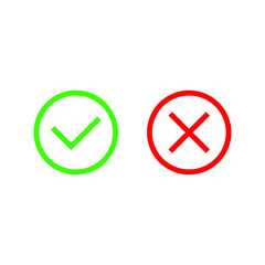 icons of green check mark and red cross on a white background, vector illustration