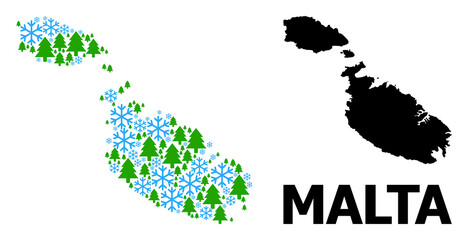 Vector collage map of Malta constructed for New Year, Christmas, and winter. Mosaic map of Malta is constructed with snow and fir-trees.