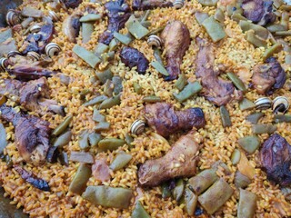 Plato español típico. Paella  valenciana con arroz, pollo, conejo, pato caracoles y verduras.