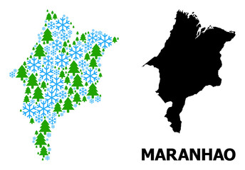 Vector collage map of Maranhao State created for New Year, Christmas, and winter. Mosaic map of Maranhao State is created from snowflakes and fir-trees.