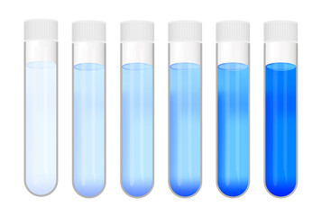 Vector set of laboratory test tubes with different concentrations of blue substance solution. Color gradient from light to dark. Laboratory glassware with calibration standard isolated on white.