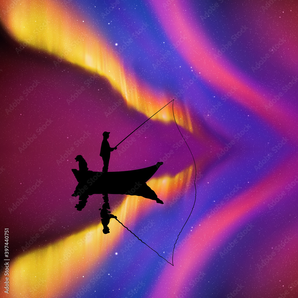 Sticker man with dog in boat at night. fisherman silhouette. aurora borealis