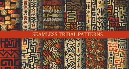 Set seamless vector African patterns. Collection of tribal backgrounds. Hand drawn lines pattern. 10 eps design. For fabric, textile, wrapping, cover etc.  - obrazy, fototapety, plakaty