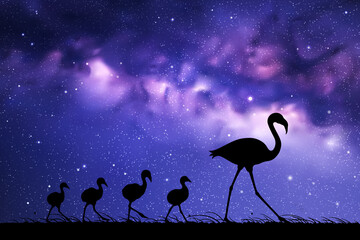 Flamingo family at night. Birds silhouettes. Starry sky and Milky Way